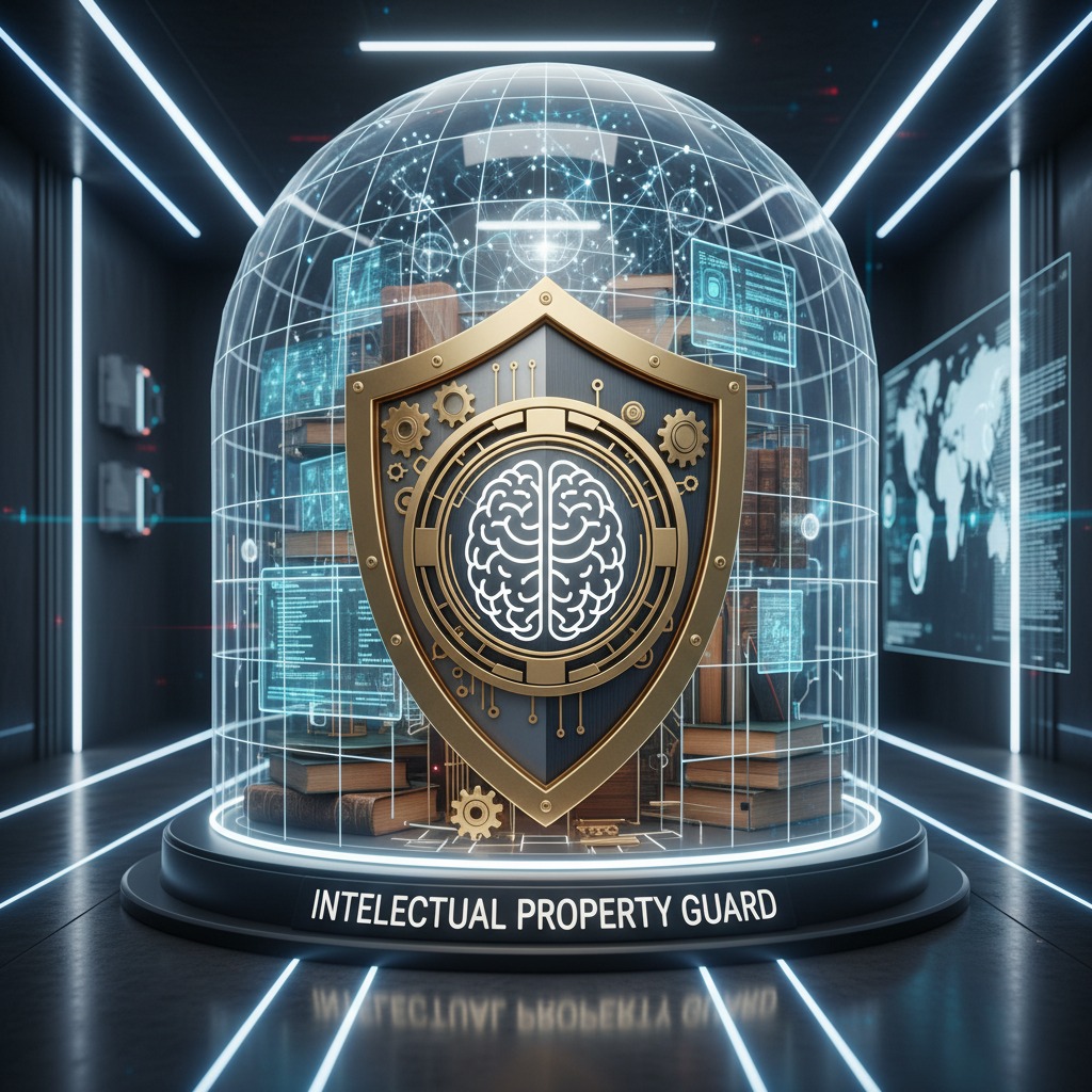 A large glass dome labeled "Intellectual Property Guard" encases a metallic shield with a glowing white brain icon, surrounded by books and data visualizations inside a futuristic room.