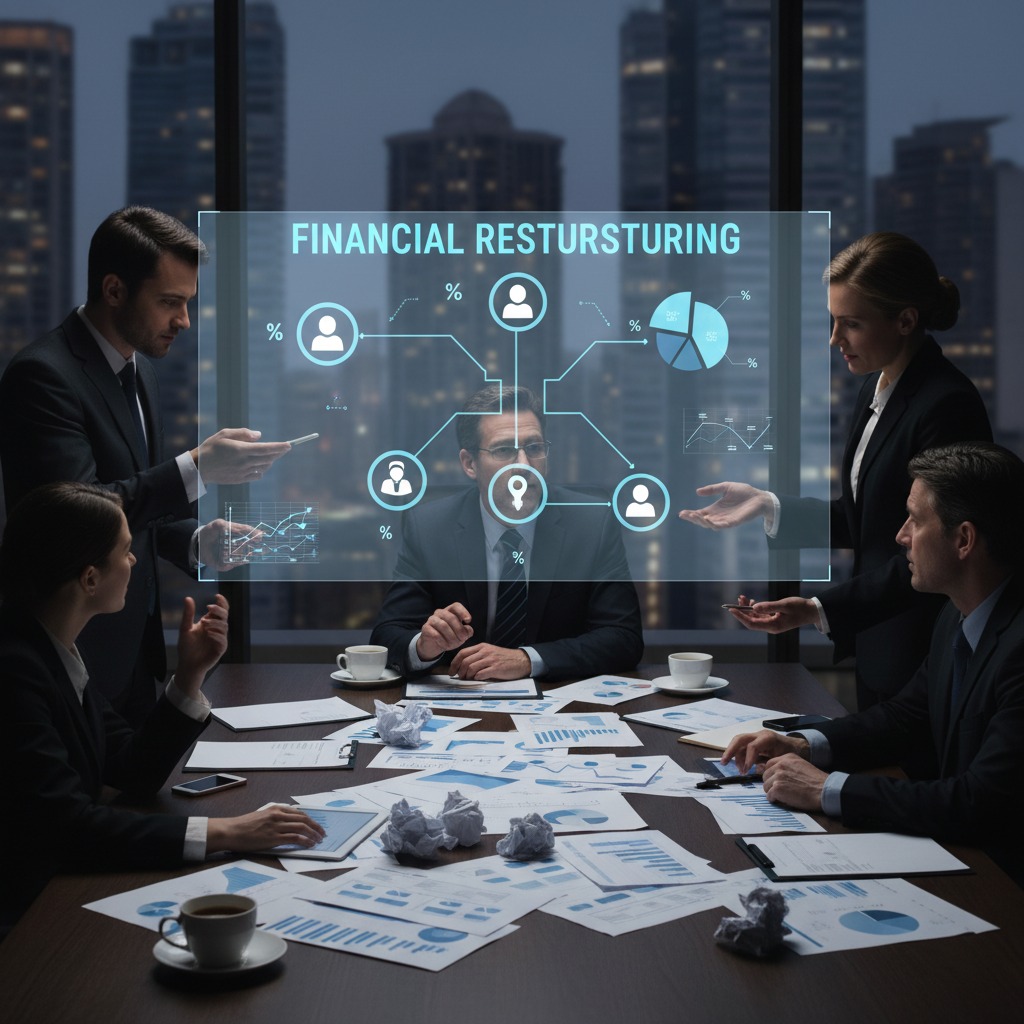 Five business professionals in a boardroom discuss financial restructuring while looking at a transparent digital graphic floating above the table.